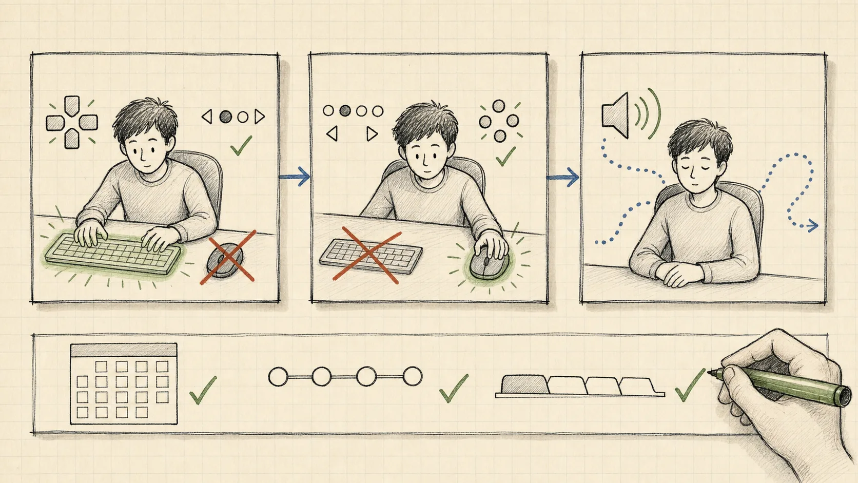Three panels of an engineer changing how they use a product: keyboard only with the mouse crossed out, then mouse only with the keyboard crossed out, then eyes closed navigating by screen reader sound. Below, hand-built components like a date picker, a step wizard, and tabs each getting a checkmark