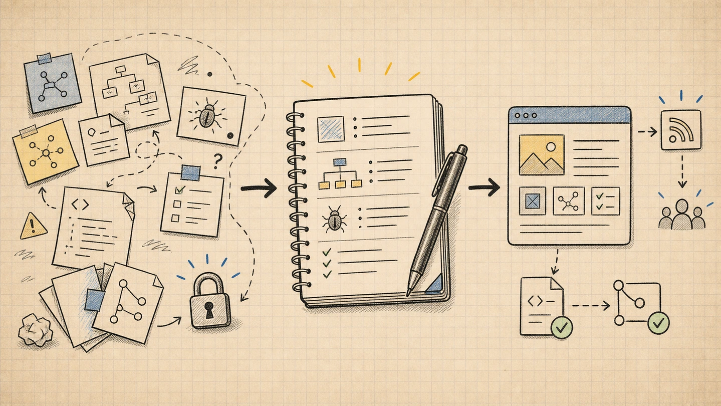 A notebook diagram showing private engineering notes becoming a public blog