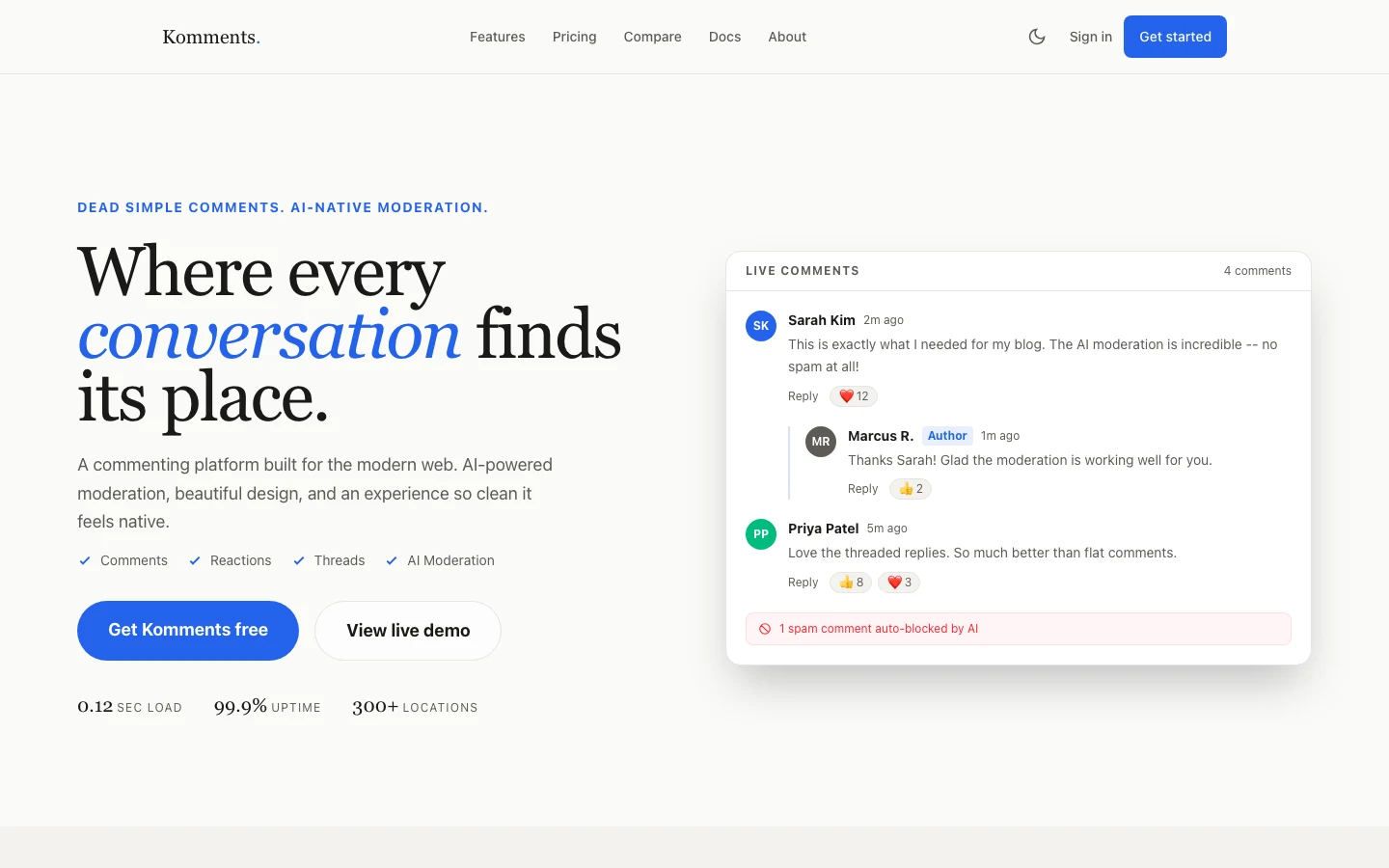 Komments desktop homepage screenshot